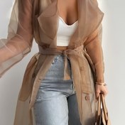 Resim Kadınlar İçin Şeffaf File Detaylı Kemerli Çift Düğmeli Yaka Mont - Hafif İlkbahar/Yaz Modası Ceket, Ayarlanabilir Bel, Makinede Yıkanabilir Zarif Dış Giyim, Nefes Alabilen Kumaş, Günlük Kullanım Severler İçin İlkbahar Gardırop Vazgeçilmezi 