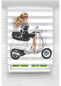 Resim Perdecizade Enxboy Motosikletli Kız1 Dijital Baskılı Zebra Perde-cocuk Odası-stor Perde Renkli 