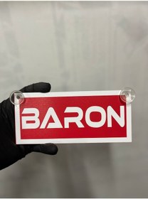 Resim Kırmızı Renk Üzeri Beyaz Renk Baron Yazılı Vantuzlu Cam Süsü 