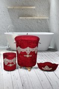 Resim Teksev Golden Bordo 3'lü Kadife Çeyizlik Dantelli Banyo Kirli Çamaşır Sepeti Seti | Banyo Seti 