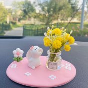 Resim 4 parça set (Hayvan + Vazo + Çiçek Pedleri + Dikişsiz Yapıştırıcı) Sevimli Kauçuk Tavşan & Kedi Araba Süsü, Mini Vazoda Sevimli Hayvan Heykelleri ile, Araç İç Dekorasyonu için Uygun 