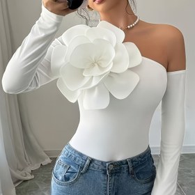 Resim Kadınlar için Omuzdan Askılı Pembe Çiçek Desenli Üst - Uzun Kollu, Rahat, Tüm Mevsimler İçin Üst, Çiçek Desenli Nakış, Rahat Giyim|Çiçek Desenli Üst|Aplike Detay 