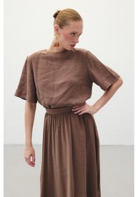 Resim Sateen Kısa Kollu Salaş Bluz - Kahve-136286 Kahve 
