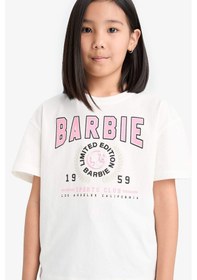 Resim DeFacto Kız Çocuk Barbie Relax Fit Bisiklet Yaka Kısa Kollu Tişört E2630A825SMER85 Ekru 