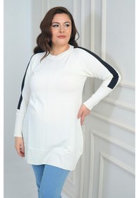 Resim By Saygı Kadın Kolları Şeritli Büyük Beden Tunik Bluz-41818 Ekru 