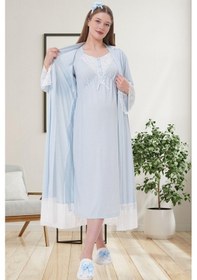 Resim Mecit Pijama Mecit 6204 Mavi Hamile Lohusa Dantelli Sabahlık Gecelik Takım 