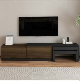 Resim Nest Tv Sehpası Modern Tasarım,2 Kapaklı Depolama Ve İkili Zigon Sehpa İle Fonksiyonel Mobilya Antrasit - Ceviz 