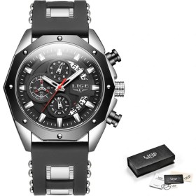 Resim Hanyang Gümüş Siyah Lıge Yeni Moda Erkek Saatler Top Marka Lüks Silikon Spor Izle Erkekler Için Kuvars Tarih Saat Su Geçirmez Kol Saati Chronograph (Yurt Dışından) 