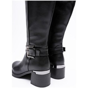 Resim Velmira Kadın Siyah Deri Fermuarlı Platin Tokalı Kalın Topuklu Çizme 6cm Siyah 