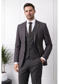 Resim Fabio Cassel Slim Fit Mono Yaka Çift Yırtmaçlı Astarlı Takım Elbise Yelekli Kahverengi 