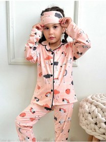 Resim Kız Çocuk Kuzu Bulut Ay Figür Baskı Desenli Somon Renk Düğmeli Pijama Takımı Pembe - Pudra 
