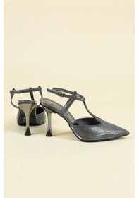 Resim Birikon Yılan Desenli Direkli Arkası Açık Stiletto Platin-platin Platin 