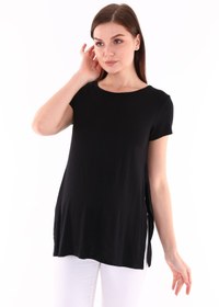 Resim MEGHAN L.A Siyah Hamile Yanları Yırtmaçlı Yumuşak Esnek Kumaş T-shirt 