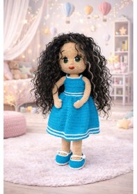 Resim Amigurumi Kız Bebek El Örgüsü, Sentetik Uzun Kıvırcık Saçlı Oyuncak Bebek Açık Mavi 
