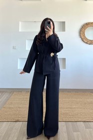 Resim butikhola Siyah Çıkarılabilir Broşlu Kimono Pantolon Takım 