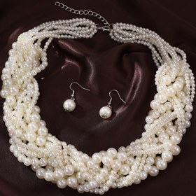 Resim Kadınlar için Şık 3 Parça İmitasyon İnci Takı Seti - Çok Katmanlı Boncuklu Kolye ve Küpe Seti Düğün, Parti İçin - Kaplama Yok, Tüm Mevsimler İçin Aksesuar 