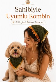 Resim NEHOLİA Kadın ve Köpek Kombin Bandana - El Örgüsü Bohem Stil Uyumlu Anne Köpek Bandanası - Ayarlanabilir Tasarım 
