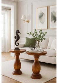 Resim Doğal Görünümlü Meşe Masif Ahşap Yan Sehpa 2 Li Zigon Takımı Kahverengi 