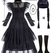 Resim 9 Parça Çarşamba Filmi Prenses Elbisesi, Kızlar İçin Siyah Kısa Katmanlı Kollu Kabartmalı Uzun Elbise, Halloween Partisi Kıyafeti, Doktor Temalı 