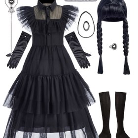 Resim 9 Parça Çarşamba Filmi Prenses Elbisesi, Kızlar İçin Siyah Kısa Katmanlı Kollu Kabartmalı Uzun Elbise, Halloween Partisi Kıyafeti, Doktor Temalı 