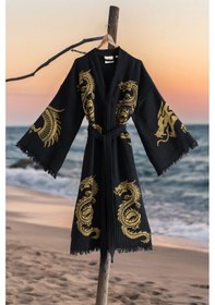 Resim Varol Organik %100 Pamuk Kimono Yaka Sabalık Bornoz Plaj Elbisesi - Viserion - Sarı - S/m Sarı/s/m Siyah - Kırmızı 