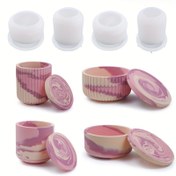 Resim 1set Depolama Kutusu Kapaklı Mum Kavanozu Kalıpları Seti, Yaratıcı Mum Kapları Pot Silikon Kalıplar, Depolama Mum Tutucu için Beton Yuvarlak Şerit Kapaklı Şişe Yapım Kalıpları 