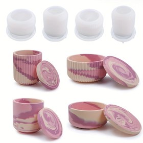 Resim 1set Depolama Kutusu Kapaklı Mum Kavanozu Kalıpları Seti, Yaratıcı Mum Kapları Pot Silikon Kalıplar, Depolama Mum Tutucu için Beton Yuvarlak Şerit Kapaklı Şişe Yapım Kalıpları 