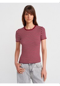 Resim Dilvin 10758 Bisiklet Yaka Çizgili Basic Triko Bluz-bordo-ekru Bordo-ekru 