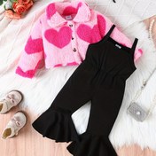 Resim 2 adet Bebek Kızların Şirin Kalp Baskılı Yünlü Fleece Ceket ve Siyah Geniş Bacaklı Tayt Seti, Polyester Örgü Kumaş, Orta Esneme, Normal Beden, Düğme Detayı ile, Sonbahar/Kış Koleksiyonu için, Dış Mekan için 