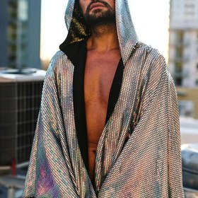 Resim Erkekler için Gevşek Kesim Lazer Payetli Kapüşonlu Şal - Parıldayan Metalik Yansıtıcı Tasarım, Makinede Yıkanabilir Gece Kulübü Rave Festivali Parti Giyimi, Çok Yönlü Stil ile Günlük Kullanım, Festival Kıyafeti | Şık Dış Mekan Giysisi | Canlı Aksesuar 