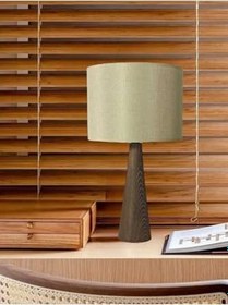 Resim Bohhem Ahşap Konik Gövdeli Dizayn Abajur Kumaş Başlık Pudra Pudra 