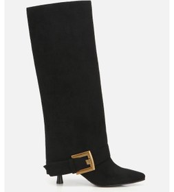 Resim Kadın Süet Siyah Pantolon Görünümlü Tokalı Topuklu Çizme Siyah 