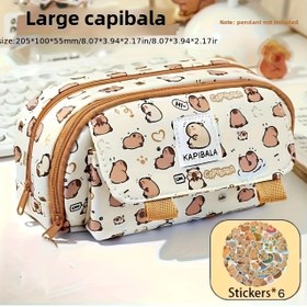 Resim 7 Parça Büyük Kapasiteli Kapybara Desenli Kalem Kutusu Seti - Stickerlı Kanvas Malzeme ile Kapybara Kalem Kutusu - Üç Katman, Çok Fonksiyonlu Öğrenci Kırtasiye Organizatörü - Mükemmel Okul Başlangıcı İçin, Görsel Olarak Çekici Kalemlik 