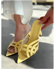 Resim Kırışık Rugan Kafesli Topuklu Terlik 