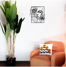 Resim Gül Detaylı Kadın Yüzü Metal Duvar Tablosu 