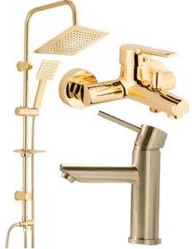 Resim ARMİLLA ARMATÜR Kare Gold Robot Duş Sistemi Banyo Bataryası Ve Kartal Lavabo Bataryası Musluğu 3’lü Set 