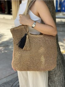 Resim Matthew Cox Zebra Desen Fermuarlı Astarlı Cepli Omuz Askılı Sahil Plaj Beach Club Hasır Çanta Camel 