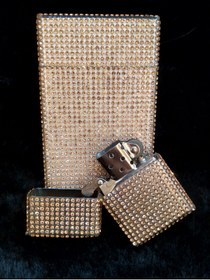 Resim NESGIFT Parlak Gold Taş Kaplama Slim (ince) Kısa Sigara Kutusu Ve Zippo Çakmak Seti 