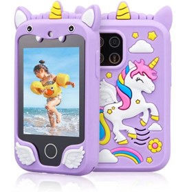 Resim toganshop Çocuklar İçin Eğitici Telefon Dokunmatik Ekran Çift Kameralı Fenerli Müzik Çalar Oyun Video Mor 