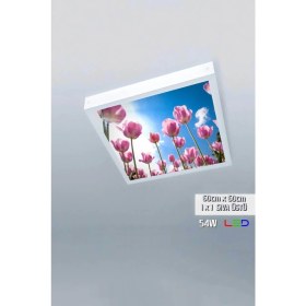 Resim Gökyüzü Panel 1 x 1-TEKLI-60 x 60-TAVANA Yapışık LED PANEL-54W-SIVA Üstü Avize-Kolay Montaj-Çiçekli- LED 