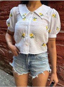 Resim Beyaz Çiçek Nakışlı Kısa Kollu Gömlek Beyaz 