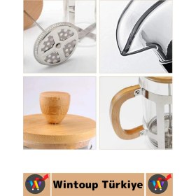 Resim Wintoup Premium Isıya Dayanıklı Kahve Demleme Bitki Çayı Ahşap Kapak Sap Detaylı Cam French Press 600 ml 