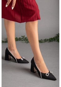 Resim Saten Taşlı Kalın Topuk Siyah Kadın Stiletto-2029-SIYAH Siyah 