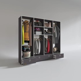 Resim Kenzlife giysi dolabı 4 bölmeli 4 çekmeceli kamil 182*200*42 gri dolap kapaksız 