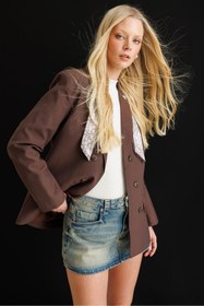 Resim Mixray 4809 Kadın Fular Detaylı Keten Blazer Ceket Kahve 