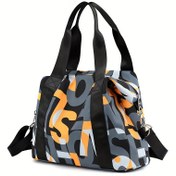 Resim Geniş Kapasiteli Yüksek Kaliteli Naylon Kadın Çantası, Çıkarılabilir Omuz Askılı, Soyut Geometrik Baskılı, Fermuarlı Kapatma ve Polyester Astarlı - İşe Gidiş, Seyahat için Şık Siyah El Çantası, Çok Renkli Kayış | Dayanıklı Fermuarlı Çanta 