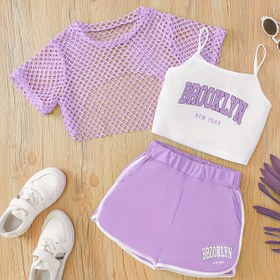 Resim Kızlar için 3 Parça Set Brooklyn Harfli Tank Top + File Crop Top + Şort Kıyafet Yazlık Dış Mekan Kız Modası, Kısa Kapama ve Spor Şortlu Yelek, Brooklyn Baskılı Günlük Yelekler, Örme Kumaş, Esnek, Düzenli Kalıp, Polyester Karışımı, Dış Mekan İçin Mükemmel 