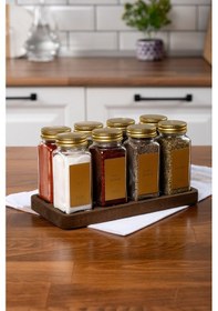 Resim Mienda Home 8'li Ahşap Standlı Cam Baharatlık Seti Gold Kapaklı Etiketli Baharatlık Takımı Gold - Şeffaf 