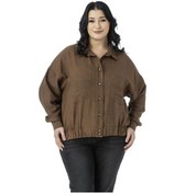 Resim Büyük Beden Düşük Kollu Eteği Lastikli Torba Cepli Kahverengi Gömlek Kahverengi 