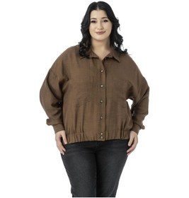 Resim Büyük Beden Düşük Kollu Eteği Lastikli Torba Cepli Kahverengi Gömlek Kahverengi 